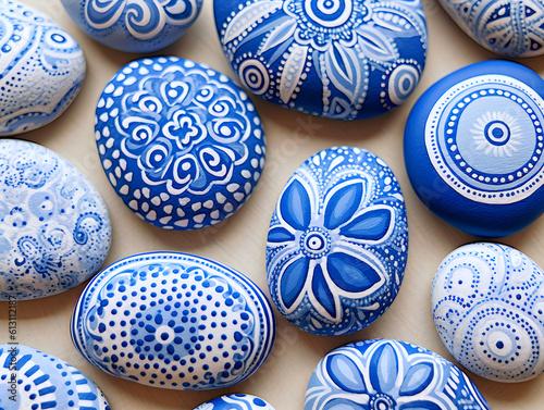 Painted round natural stones with decorated lines and patterns