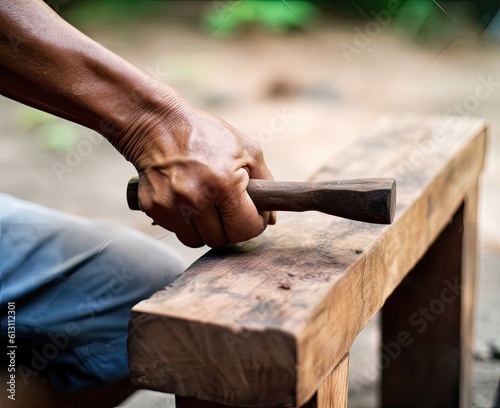 The carpenter is repairing the house. He makes nails using a hammer. Created with Generative AI technology.