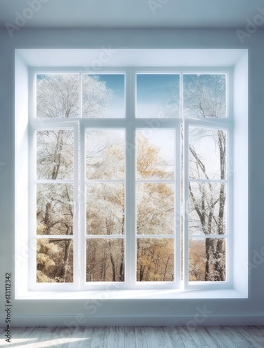 Modern residential window and trees and sky behind. Created with Generative AI technology.