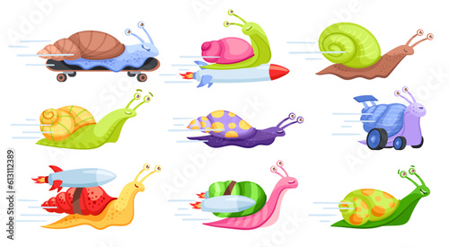 Cartoon fast snails. Turbo rocket fast-moving snail, playful gastropod on skateboard, slow run and humorous race vector illustration set