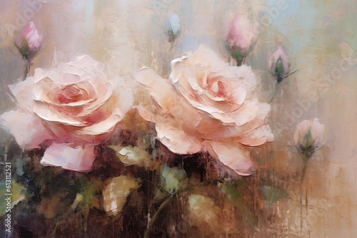 Subtly acrylic textured rose painted flowers light moody background, hight quality illustration of paint. AI Generative