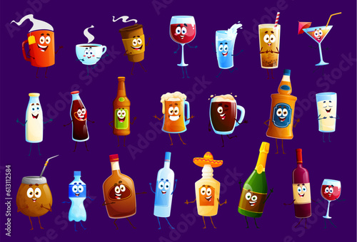 Happy drink and beverage characters. Vector tea or coffee cups and wine glass, water, cola or soda. Cocktail, milk, rum or tequila, pulque and champagne bottle. Brandy, coconut juice, beer tankard