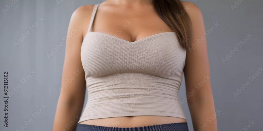 Close up of woman wearing nude color undergarment shirt top, gray background, Generative AI Close up of woman wearing nude color undergarment shirt top, gray background, Generative AI