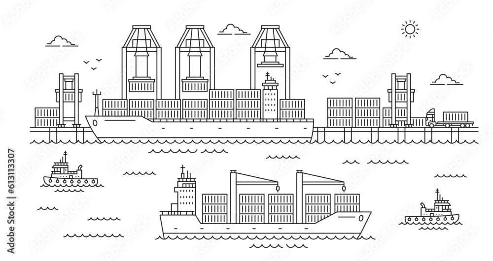 Seaport landscape, maritime shipment hub outline background. Container transportation, world trade logistics and port infrastructure thin line vector concept with cranes and ships in harbor wharf - obrazy, fototapety, plakaty 