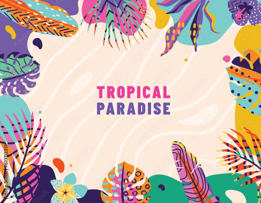 Tropic frame vector background. Summer border with textured palm Tropic frame vector background. Summer border with textured palm