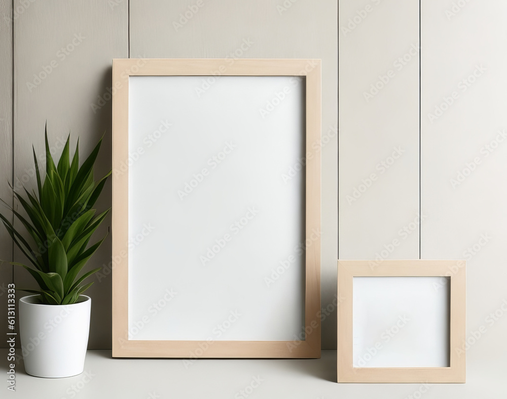 Mockup poster frame with a white wall in a minimalist interior. Mockup poster frame with a white wall in a minimalist interior.