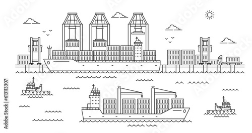 Obraz na płótnie Seaport landscape, maritime shipment hub outline background