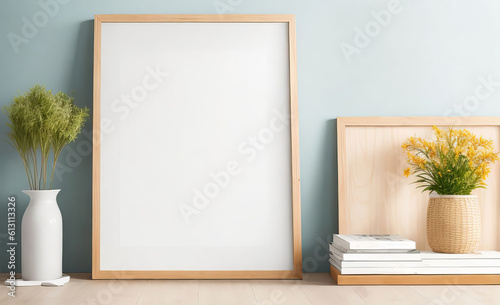 Mockup poster frame with a white wall in a minimalist interior. Generative AI.
