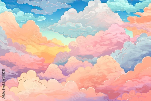 ai generated Background image of sky and clouds Doodle cartoon Korean style pastel tones