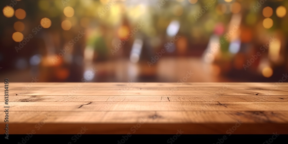 Empty wooden table top with blurred background