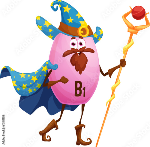 Cartoon vitamin B1 mage character. Vector wizard thiamine capsule holding staff. Magical food supplement personage with beard wear cloak and pointed hat with stars. Isolated purple sorcerer pill drug