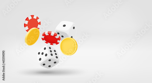 Gambling addiction concept with dice, chips and coins. 3d vector banner with copy space