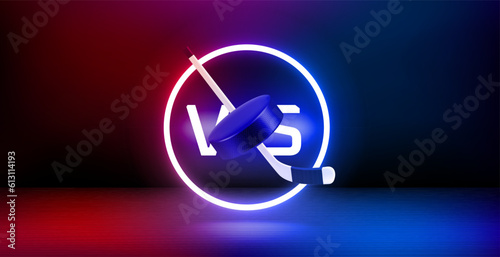 Showcase and shining neon frame and ice hockey battle concept. 3d vector banner with copy space