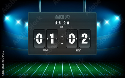 Illuminated football stadium with scoreboard. 3d vector illustration