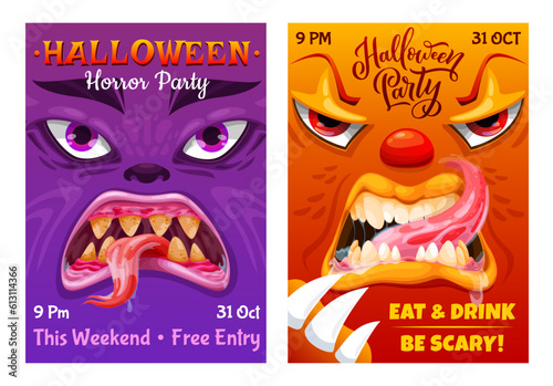 Halloween party flyer with cartoon monster characters. Vector invitation posters with alien faces, toothy jaws with sharp teeth, tongue and dripping saliva. Happy horror night event invite cards