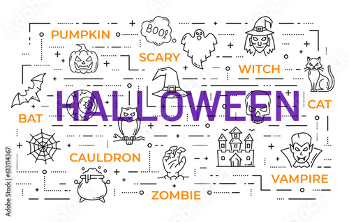 Halloween word cloud with holiday outline symbols. Vector background with spider web, zombie hand, witch hat, owl and bat. Ghost, cat, vampire and hag characters, castle, cauldron with potion, pumpkin