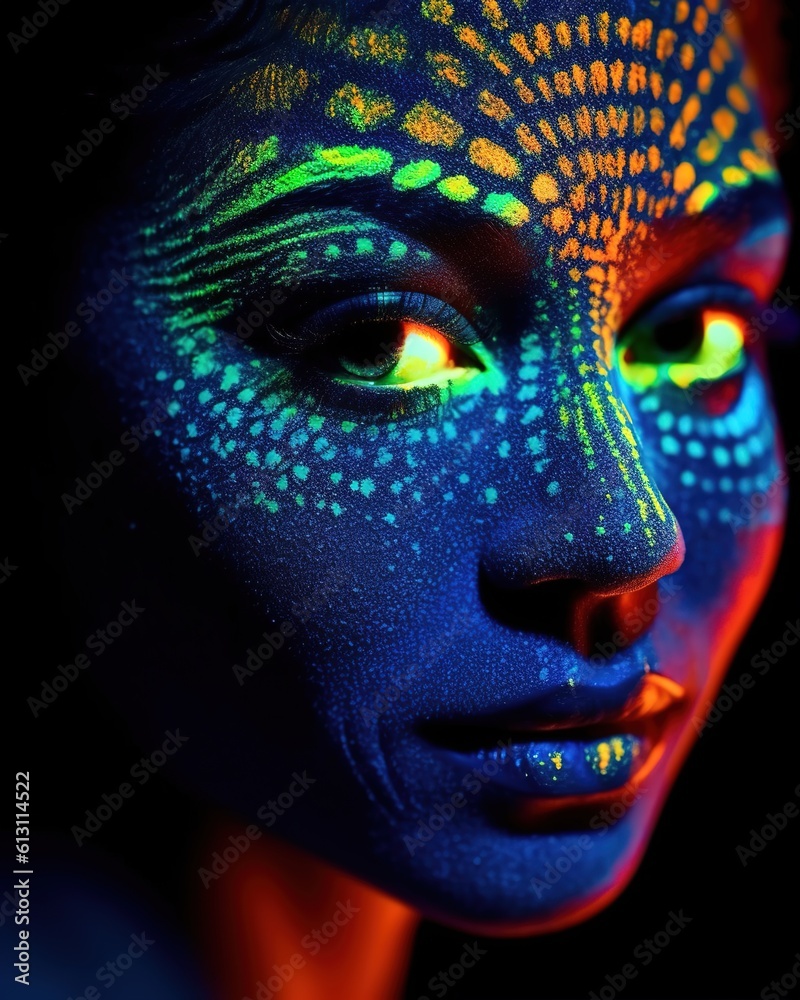 UV painted Face, Colorful Face with uv light colors UV painted Face, Colorful Face with uv light colors