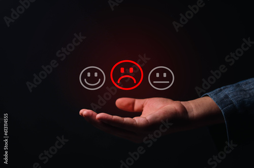 Customer dissatisfaction experience concept, unhappy business with sad face, bad review, bad service, dislike, bad quality, low rating, bad social media.