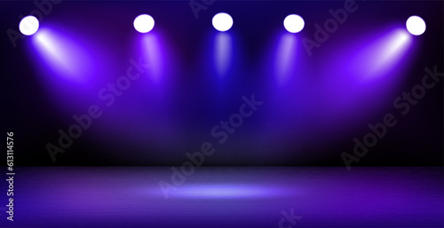 Empty interior with stage and shining projectors. 3d vector illustration