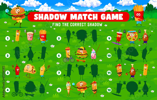 Shadow match game. Cartoon fastfood characters on sport vacation. Matching quiz vector worksheet with burger, popcorn, pizza, soda and taco, fries cute personage playing ball, skating and doing sports