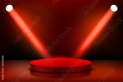 Interior with stage and shining red projectors. 3d vector illustration
