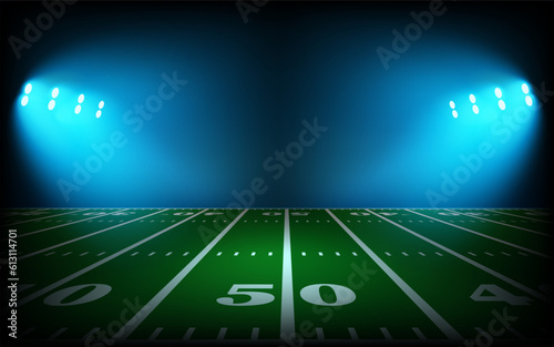 Illuminated american football stadium with projectors. 3d vector illustration
