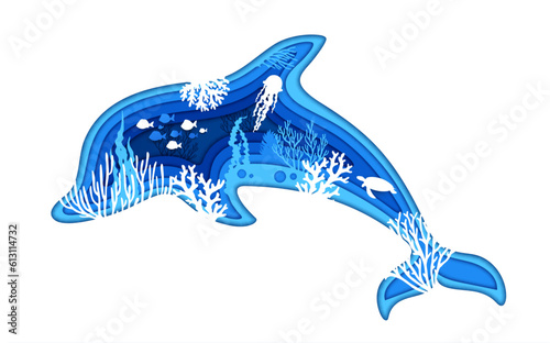 Sea dolphin silhouette, underwater paper cut landscape and seaweeds, vector fish shoal and turtle. Undersea papercut background of dolphin in paper cut layers with silhouette of jellyfish and corals