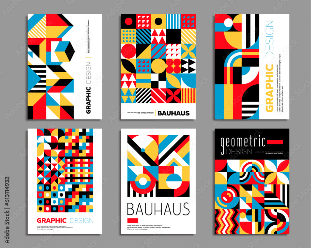 Bauhaus posters design layouts. Geometric abstract background patterns. Company promo leaflet with abstract geometrical shapes, business presentation poster vector template with Bauhaus design element