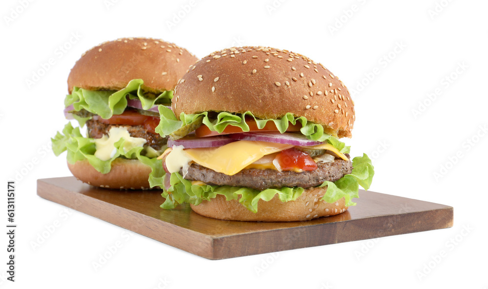 Delicious burgers with beef patty and lettuce isolated on white Delicious burgers with beef patty and lettuce isolated on white