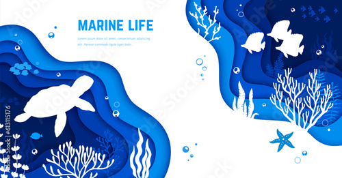 Landing page sea underwater paper cut landscape with fish, turtle and seaweeds silhouettes. 3d vector web banner template, papercut background features marine ecosystem, nature and wild reef life