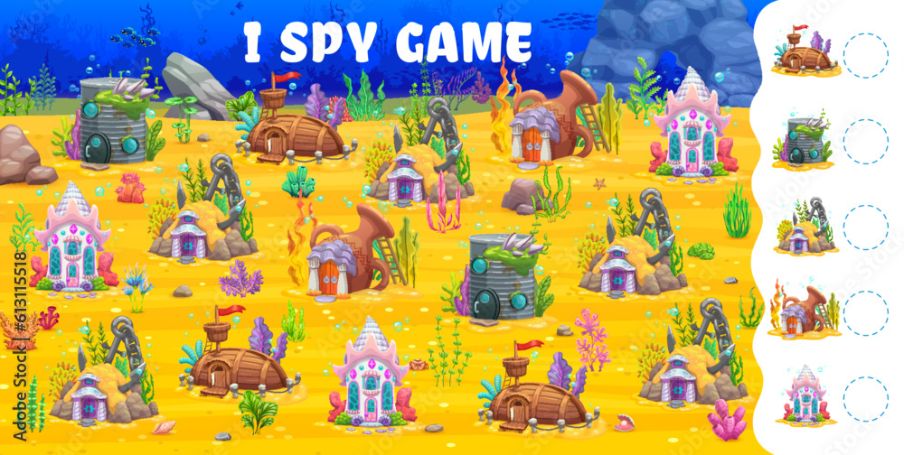 Fototapeta premium I spy game cartoon fairytale underwater house buildings. Vector riddle worksheet with cartoon tin can, jug, ship and anchor with seashell fantasy homes on sea bottom. How many dwellings children test