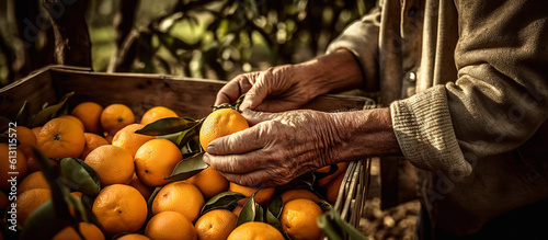 men hands harvest oranges in basket in garden in summer. Generative AI illustration