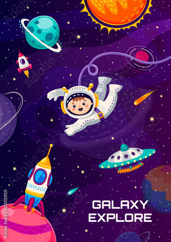 Cartoon space poster with kid astronaut character. Galaxy research, space exploration vector banner or poster with boy in spacesuit flying in weightlessness, alien spaceship rocket on planet surface