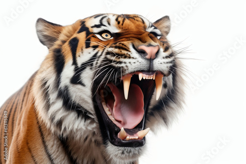 Close-up of a tiger with open mouth isolated on white background  AI generated 