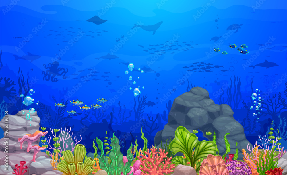 Cartoon underwater landscape, game level. Vector background with sea ...