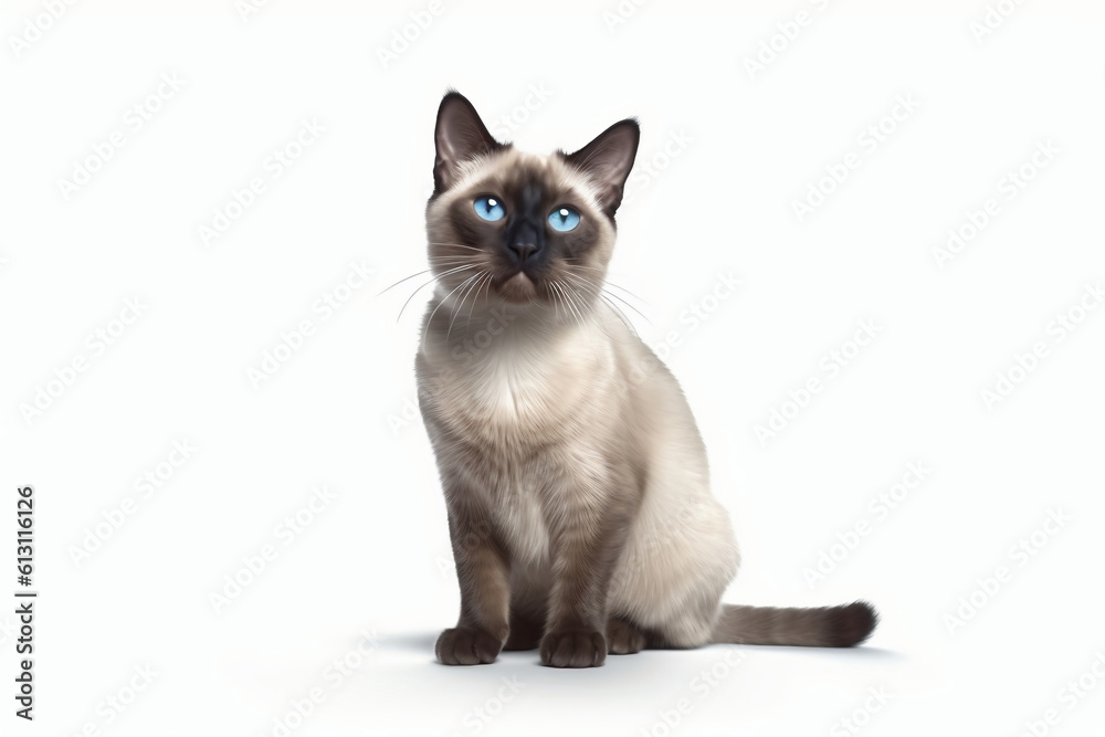 Siamese cat with blue eyes sitting isolated on a white background (AI generated)