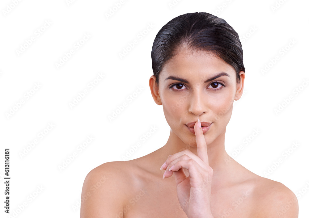 Beauty, secret and portrait of woman with finger on her mouth isolated in a transparent or png background. Privacy, shush and quiet young female person with skincare, self care and dermatology Beauty, secret and portrait of woman with finger on her mouth isolated in a transparent or png background. Privacy, shush and quiet young female person with skincare, self care and dermatology