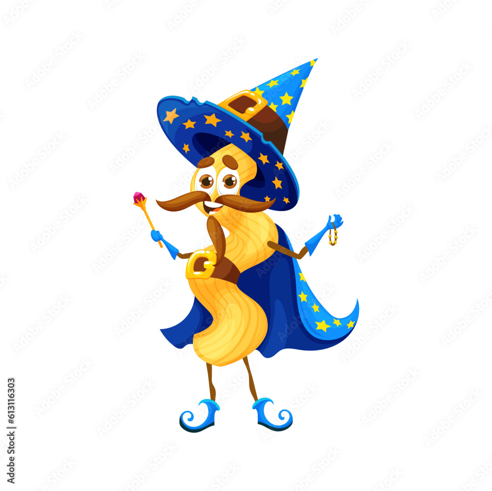 Cartoon Halloween italian pasta wizard character. Isolated vector