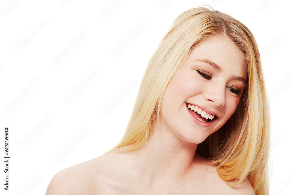 Hair care, funny and blonde woman isolated on a transparent png background. Laughing, natural beauty and happy female model with cosmetics in salon treatment for aesthetic, hairstyle or skincare. Hair care, funny and blonde woman isolated on a transparent png background. Laughing, natural beauty and happy female model with cosmetics in salon treatment for aesthetic, hairstyle or skincare.