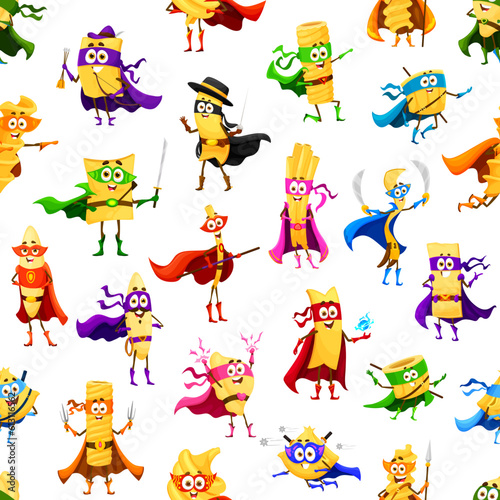 Cartoon italian pasta superhero characters seamless pattern. Fabric backdrop, wrapping paper vector print with filini, quadretti, orzo, lasagna and, ditalini, rigatoni pasta cute hero personages