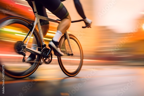An action-packed close-up image of a cyclist's legs pedalling at high speed, with the background blurred due to fast motion.