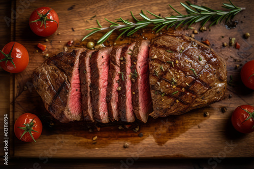 Close-up top view of ingredients London Broil Steak on a table. AI Generated.
