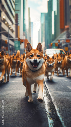 herd of dogs runs through the city, generative ai