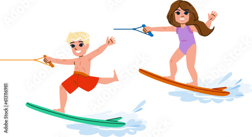 water skiing kid vector. ocean summer, boy activity, child sea, vacation sport, happy holiday water skiing kid character. people flat cartoon illustration