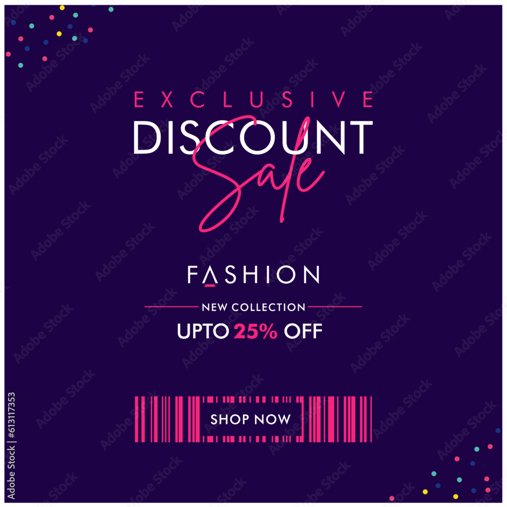 Exclusive Discount Sale, Fashion Social Media Template Design Vector. Sale, Offer, Discount, Shop Now