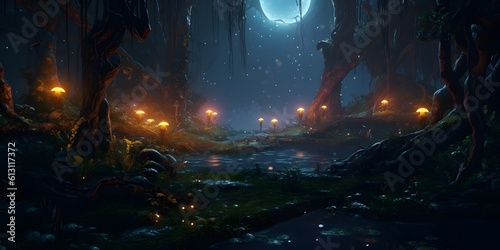 Gloomy fantasy forest scene at night with glowing lights © Jing