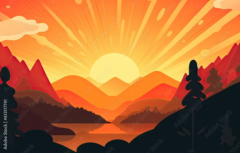 Sunrise Landscape Flat Illustration, Color Dawn in Mountains, Sun Beams, Abstract Generative AI Illustration