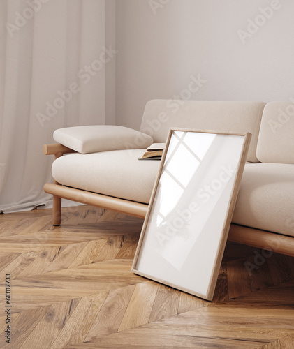 Frame mockup in minimalist decorated interior background, 3d render