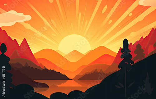 Sunrise Landscape Flat Illustration  Color Dawn in Mountains  Sun Beams  Abstract Generative AI Illustration