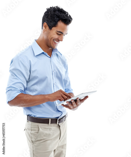 Business, smile and man with a tablet, typing and consultant isolated against a transparent background. Male person, happy employee and entrepreneur with technology, contact and connection with png photo